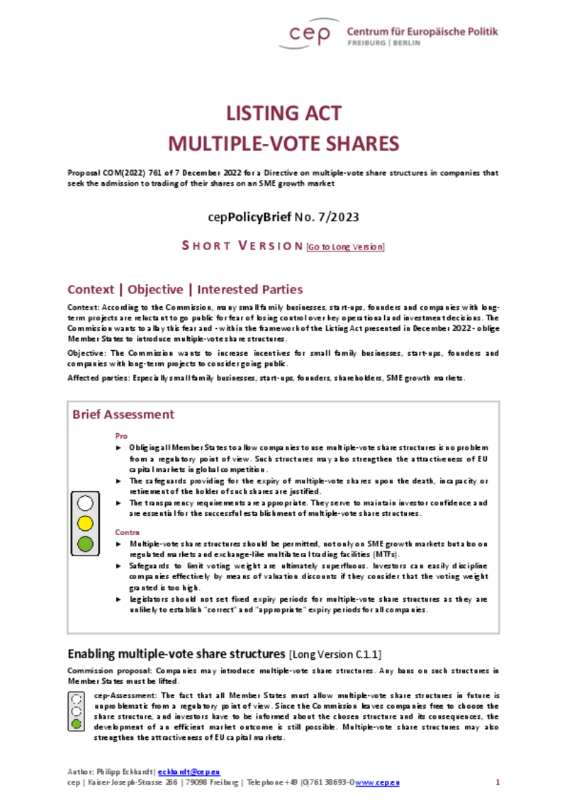 Listing Act - Multiple-vote Shares (cepPolicyBrief COM(2022)761) Short Version