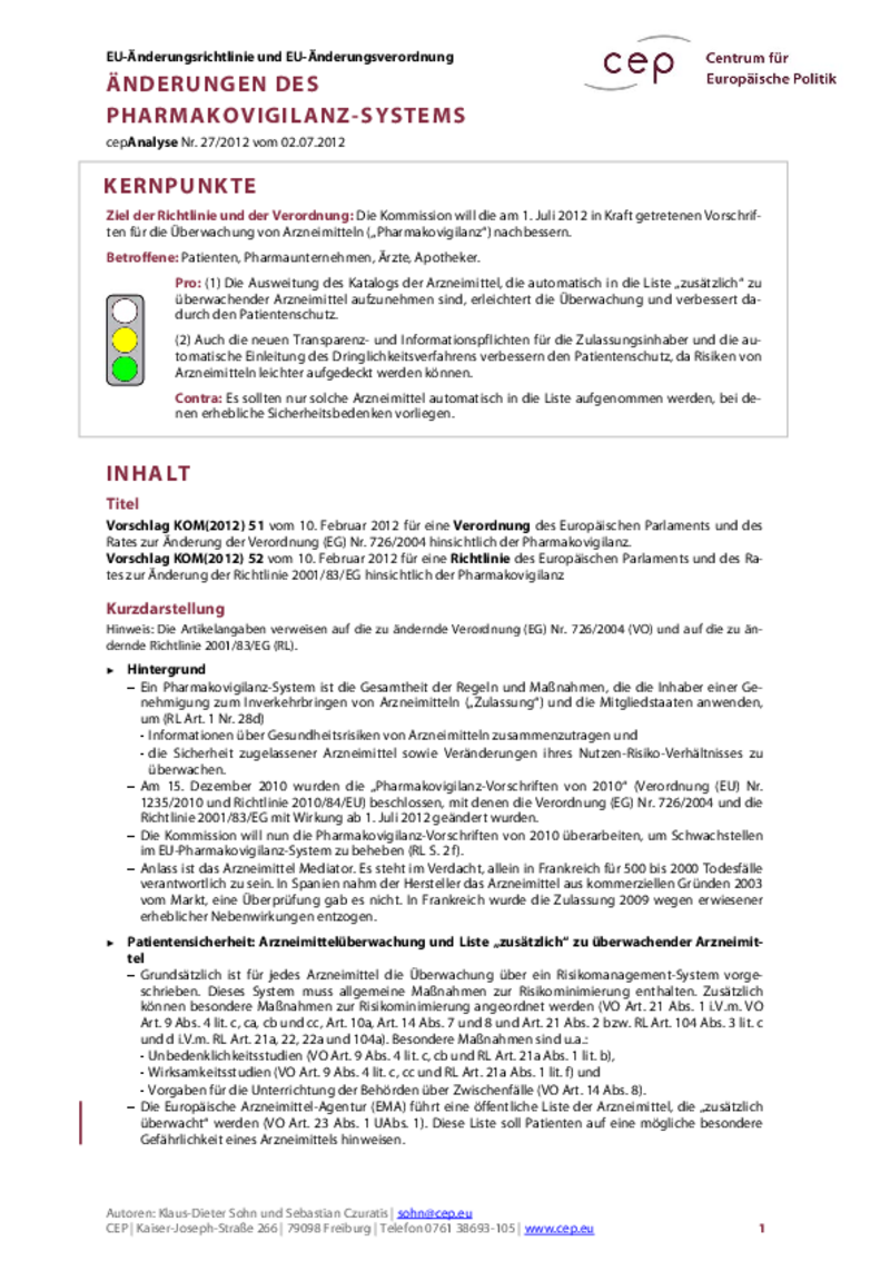 Änderungen des Pharmakovigilanz-Systems KOM(2012) 51, 52