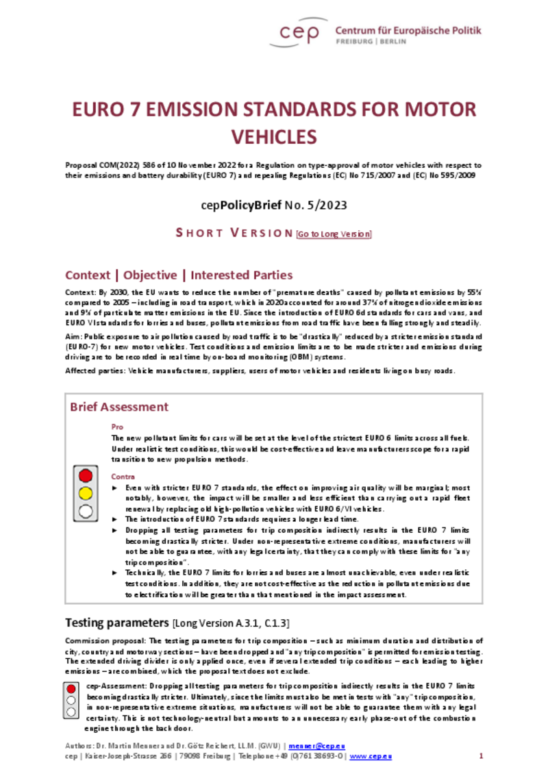 Euro 7 Emission Standards for Motor Vehicles (cepPolicyBrief) Short Version