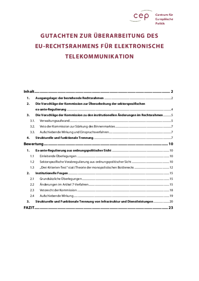 Gutachten zur Überarbeitung des EU-Rechtsrahmens für elektronische Kommunikation