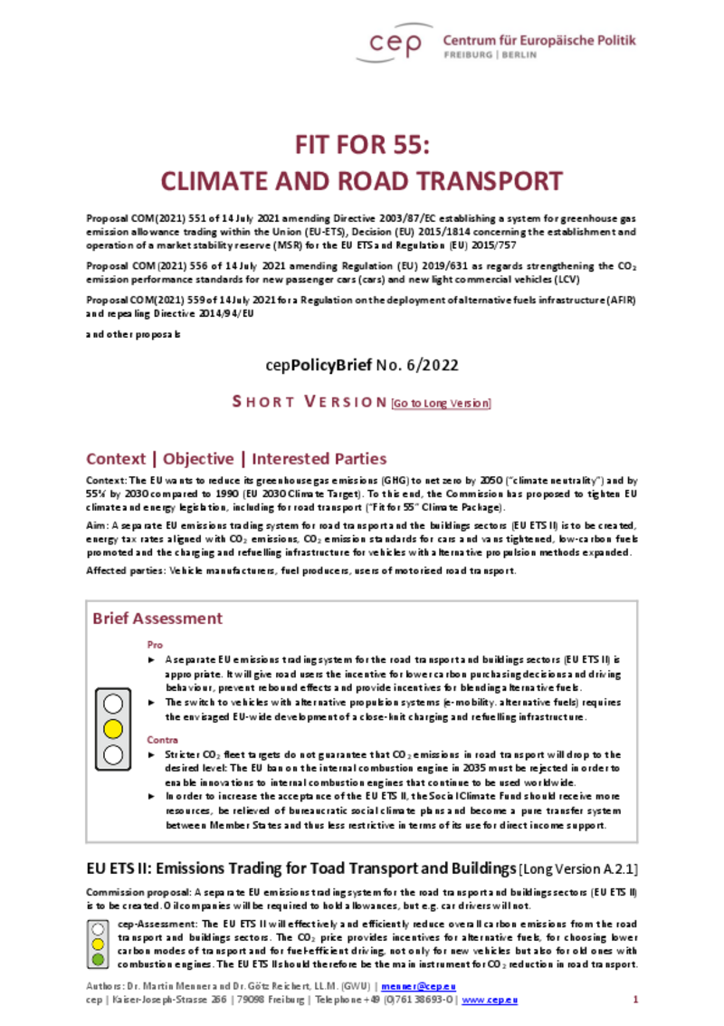 Fit for 55: Climate and Road Transport (cepPolicyBrief Short Version)