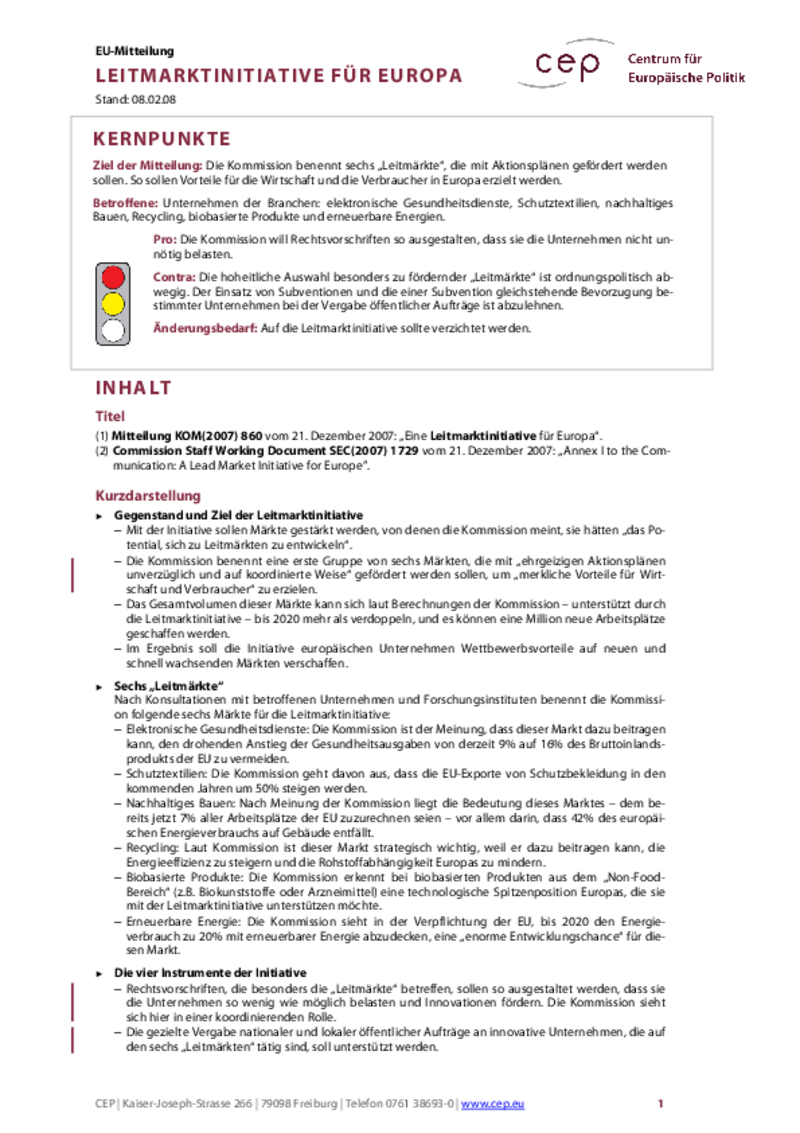 Leitmarktinitiative für Europa KOM(2007) 860