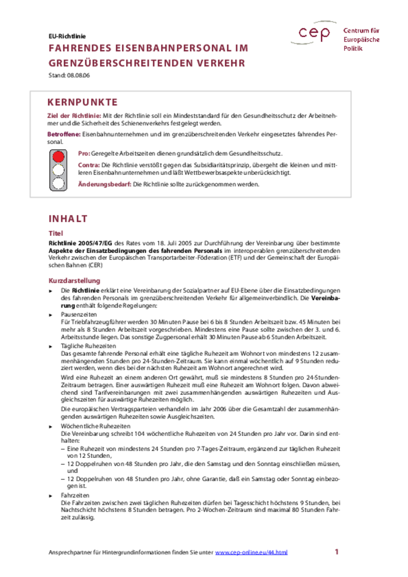 Fahrendes Eisenbahnpersonal im grenzüberschreitenden Verkehr Richtlinie 2005/47/EG