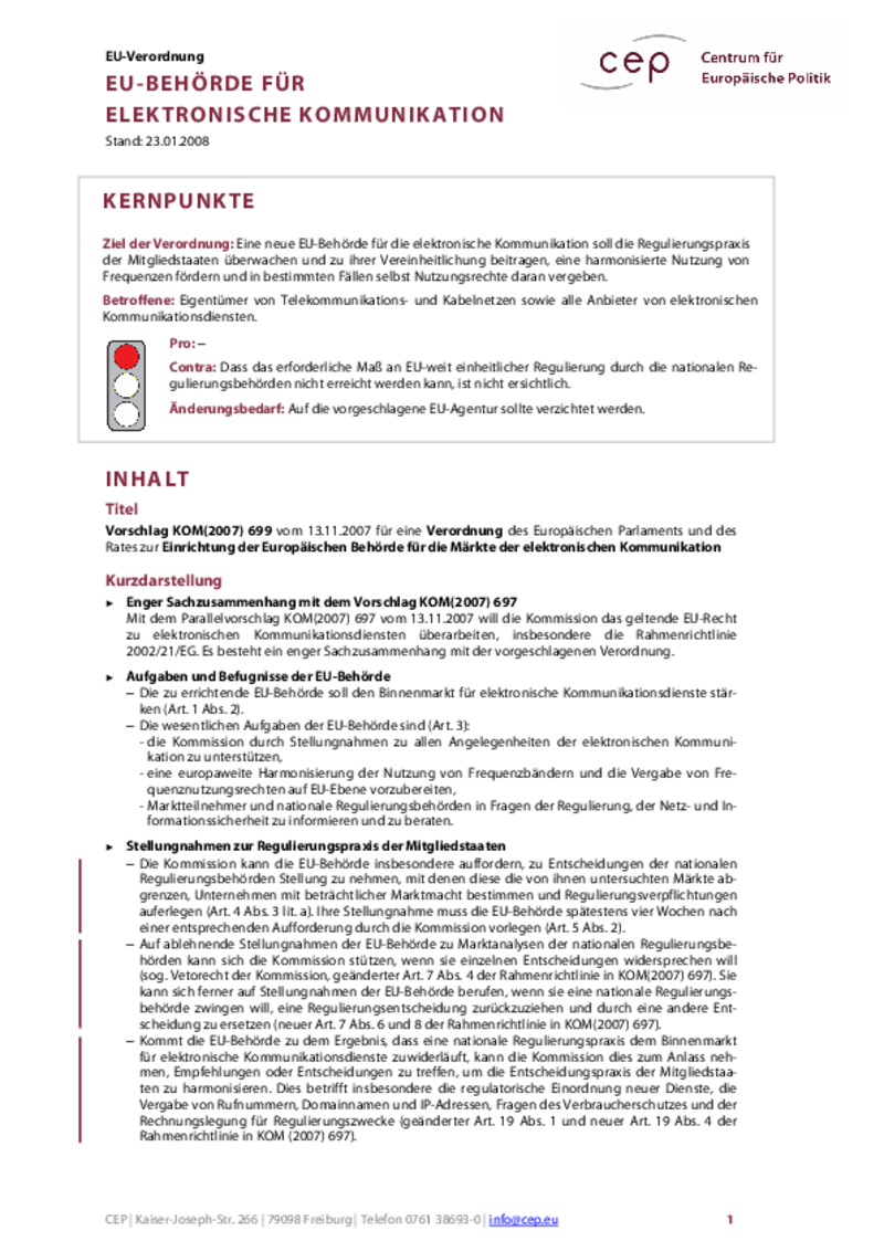 EU-Behörde für elektronische Kommunikation KOM(2007) 699