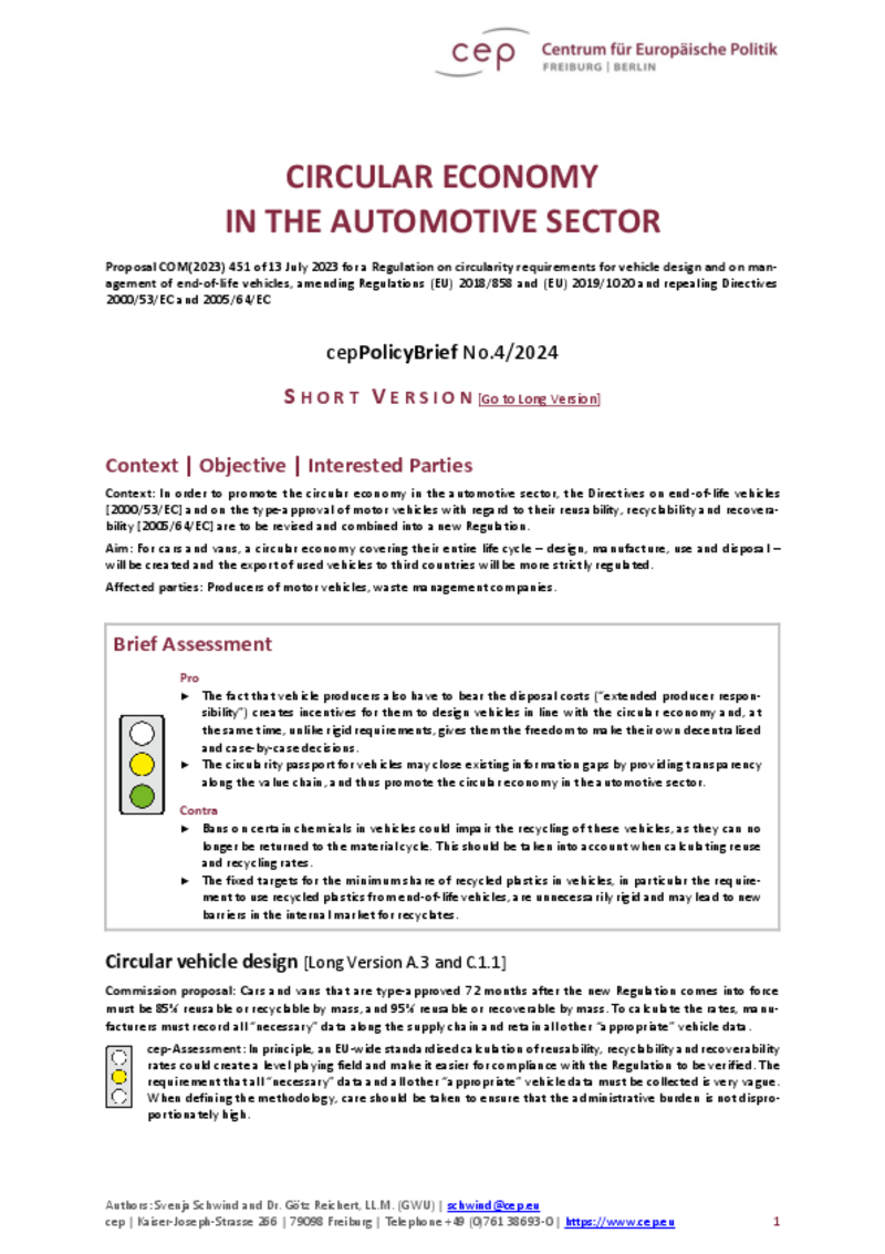 Circular Economy in the Automotive Sector (cepPolicyBrief Short Version)