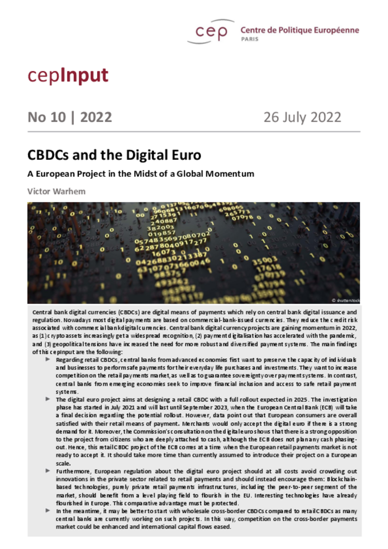 Central Bank Digital Currencies and the Digital Euro (cepInput)