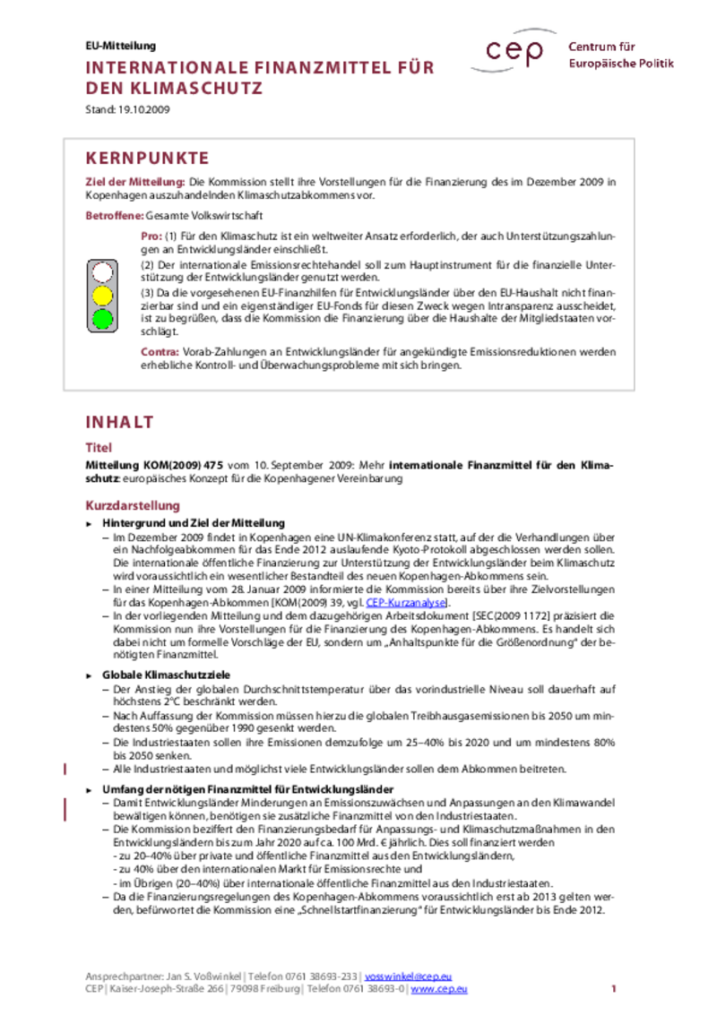 Internationale Finanzmittel für den Klimaschutz KOM(2009) 475