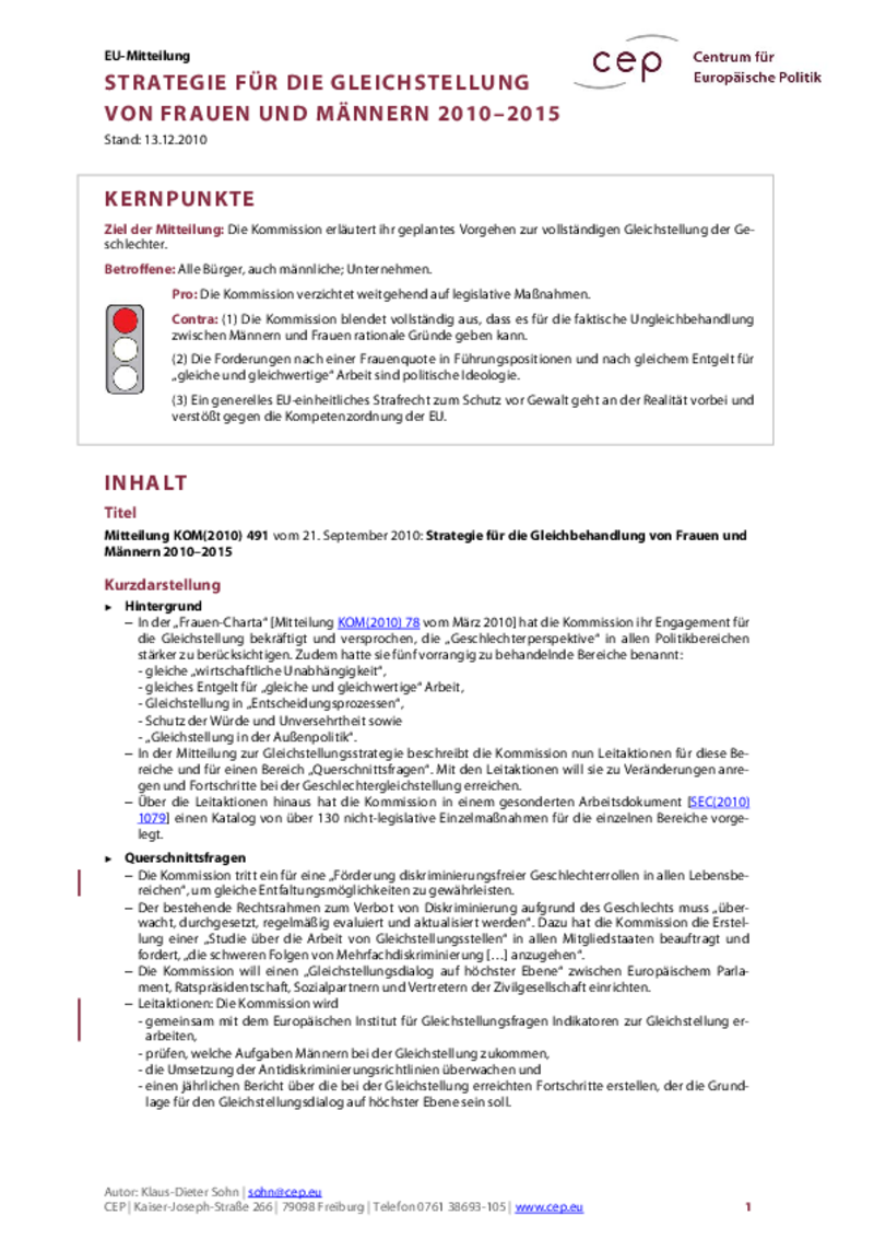 Strategie für die Gleichstellung von Frauen und Männern 2010-2015 KOM(2010) 491