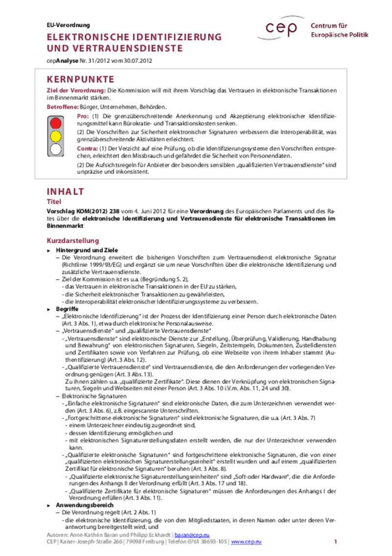 Elektronische Identifizierung und Vertrauensdienste KOM(2012) 238