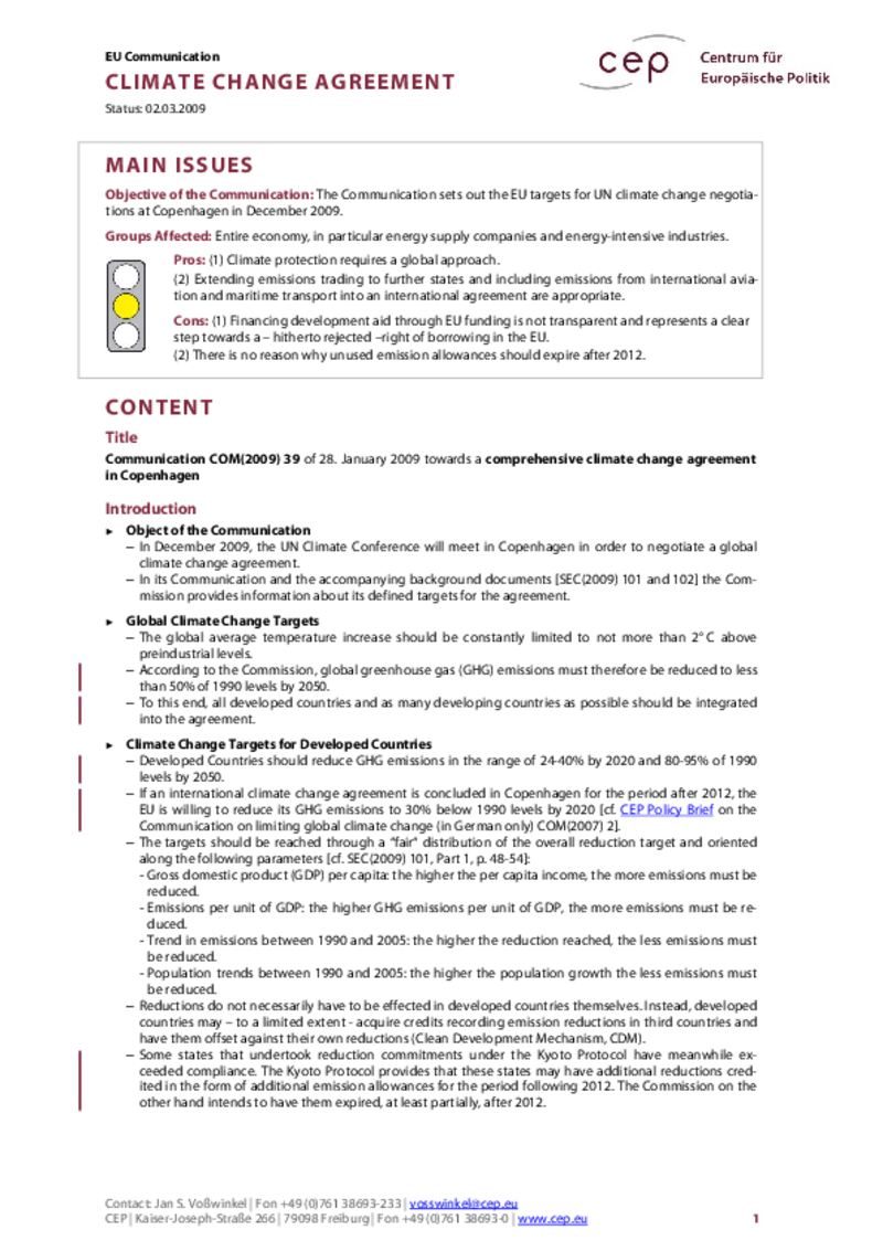 Climate Change Agreement COM(2009) 39