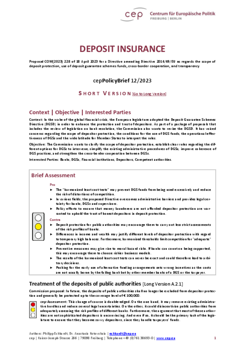 Deposit Insurance (cepPolicyBrief zu COM(2023) 228) Short Version