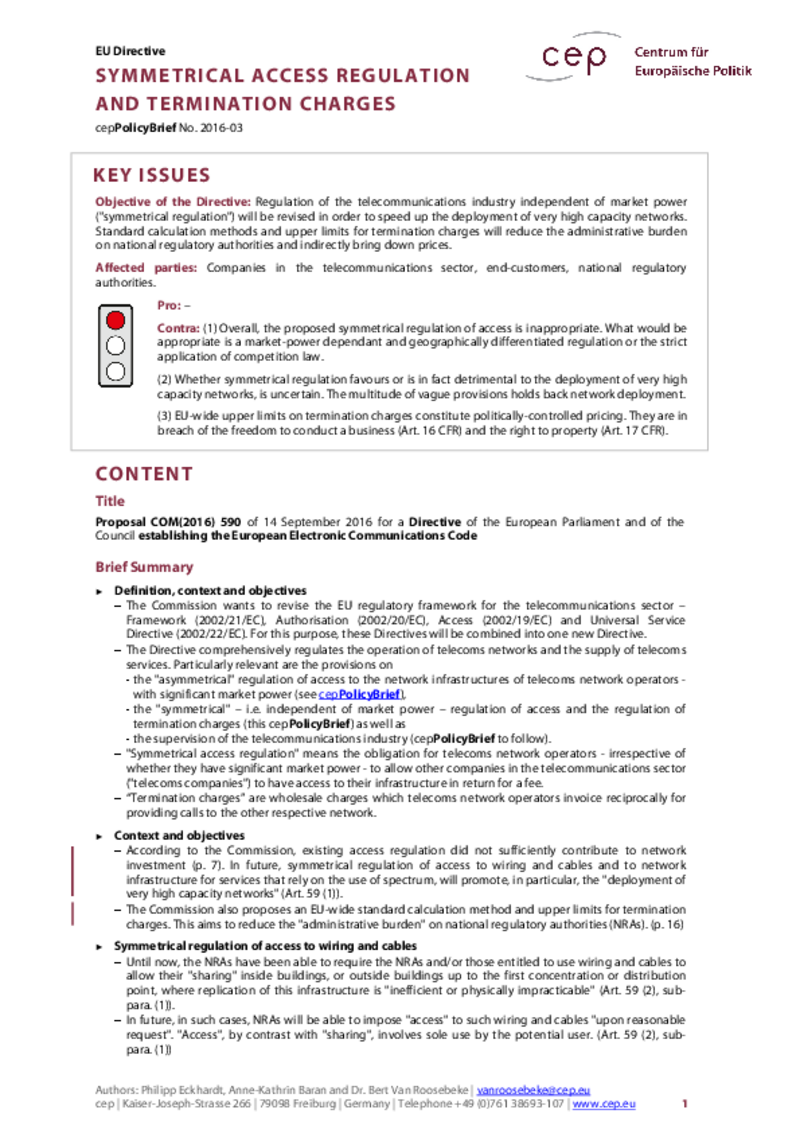 Symmetrical Access Regulation and Termination Charges COM(2016) 590