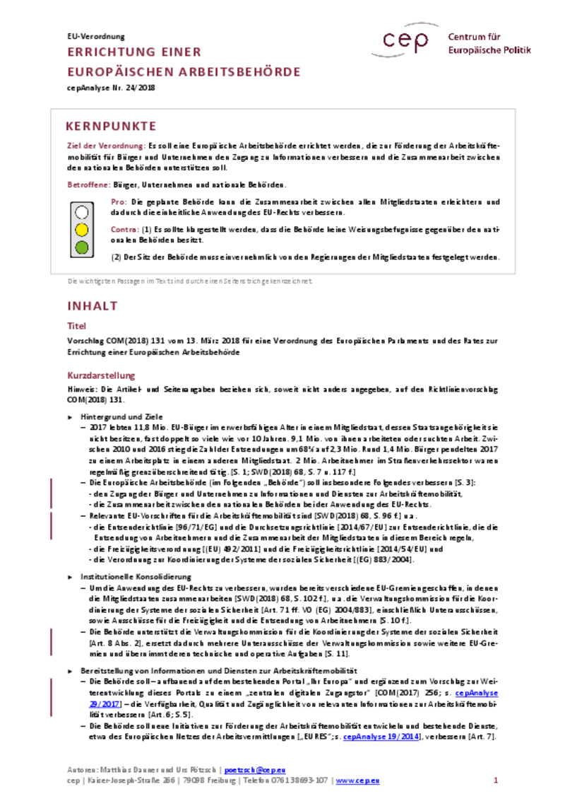 Errichtung einer Europäischen Arbeitsbehörde COM(2018) 131