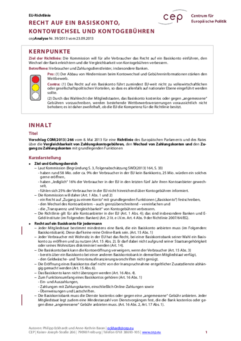 Recht auf ein Basiskonto COM(2013) 266
