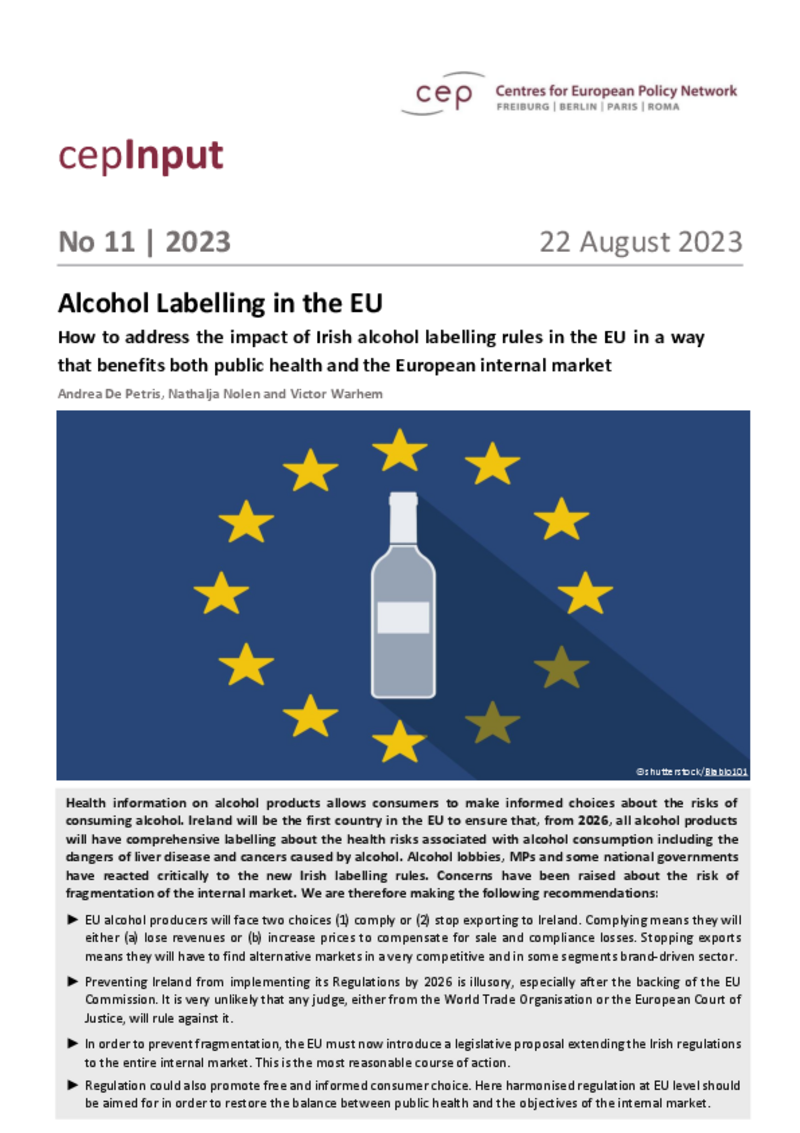 L'alcool met la santé en danger : le cep demande un étiquetage uniforme au niveau de l'UE, basé sur le modèle irlandais