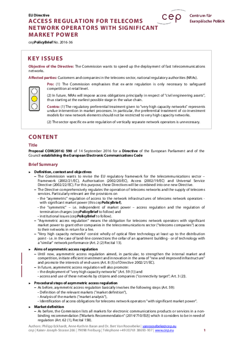 Access regulation for telecoms network operators COM(2016) 590