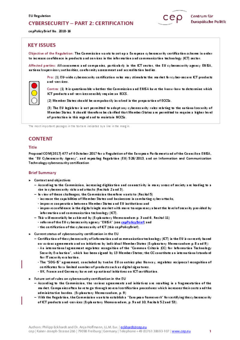 Cybersecurity – Part 2: Certification COM(2017) 477