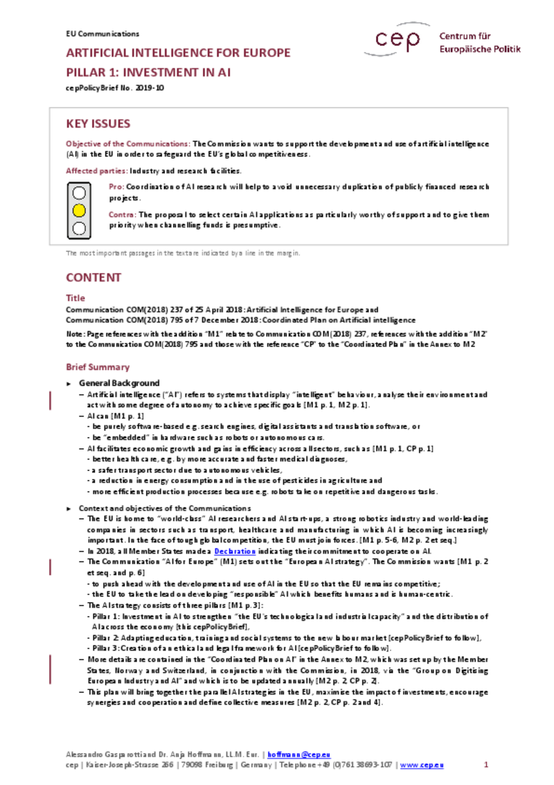 Artificial Intelligence for Europe – Pillar 1: Investment in AI COM(2018) 237