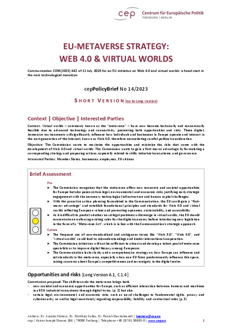EU-Metaverse Strategy: WEB 4.0 & Virtual Worlds (cepPolicyBrief) Short Version
