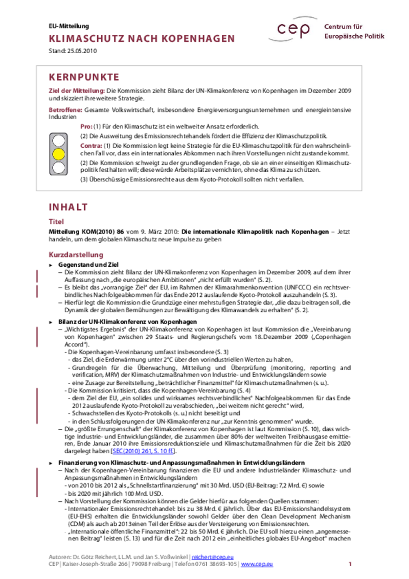 Klimaschutz nach Kopenhagen KOM(2010) 86