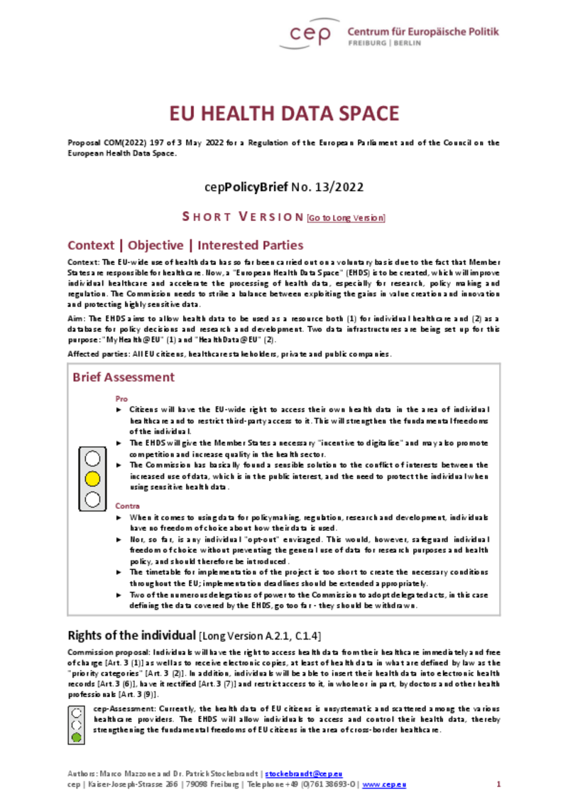 EU Health Data Space (cepPolicyBrief COM(2022) 197) Short Version