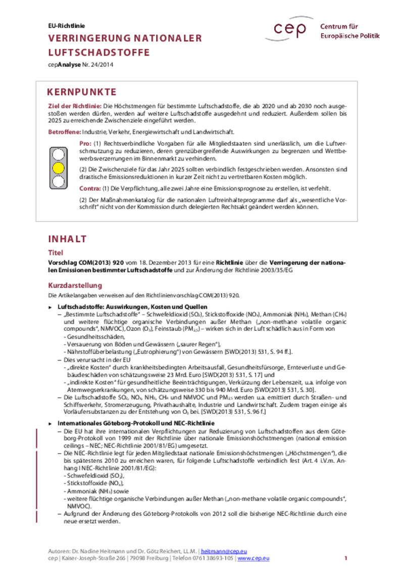 Verringerung nationaler Luftschadstoffe COM(2013) 920
