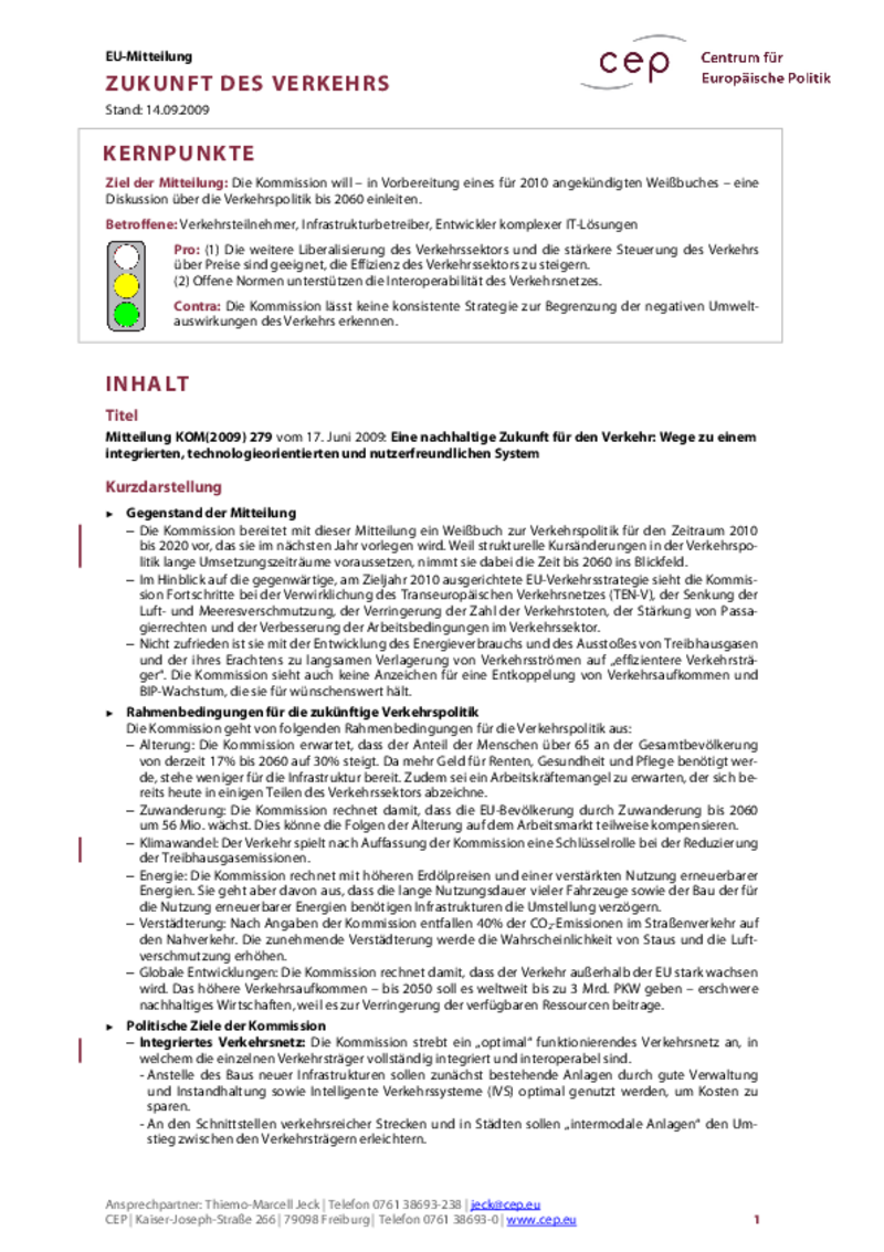 Zukunft des Verkehrs KOM(2009) 279