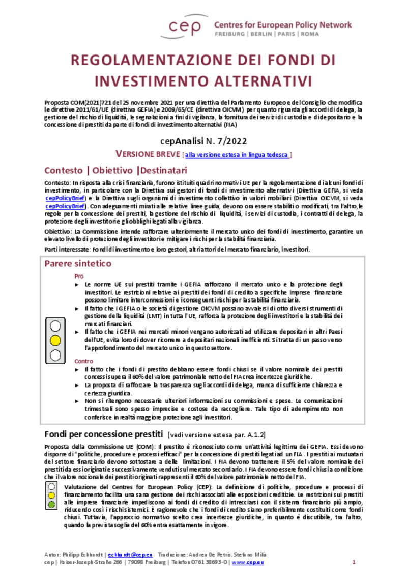 Regolamentazione dei fondi di investimento alternativi (cepAnalisi della COM(2021)721)