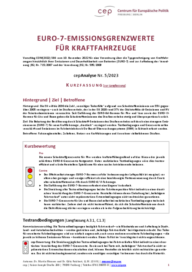 Euro-7-Emissionsgrenzwerte für Kraftfahrzeuge (cepAnalyse zu COM(2022) 586) Kurzfassung