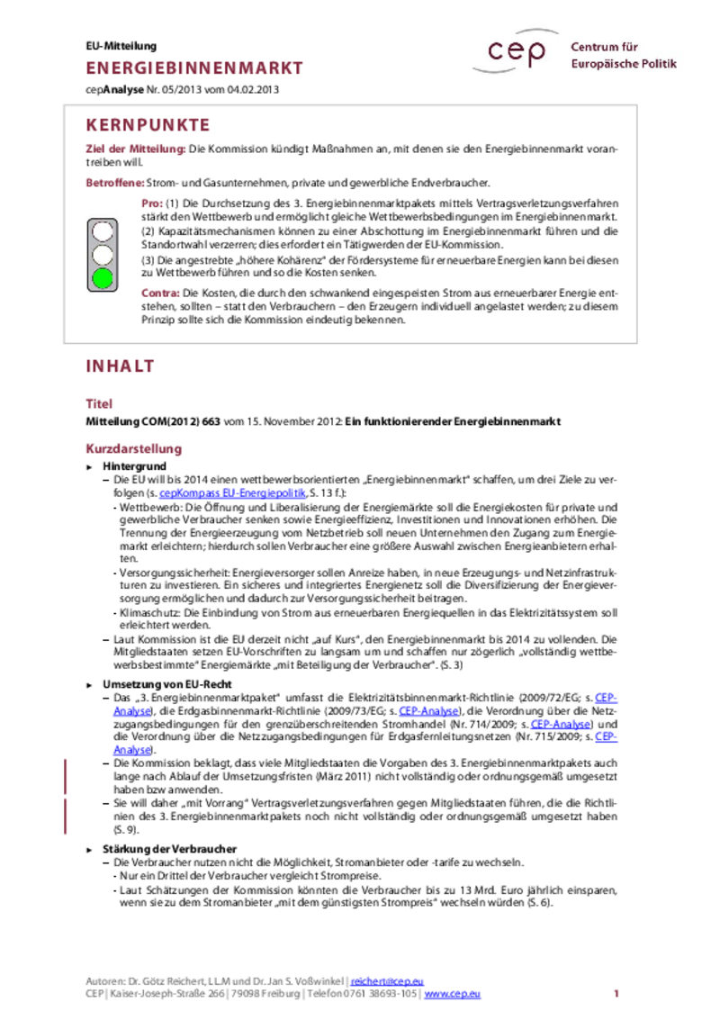 Energiebinnenmarkt COM(2012) 663