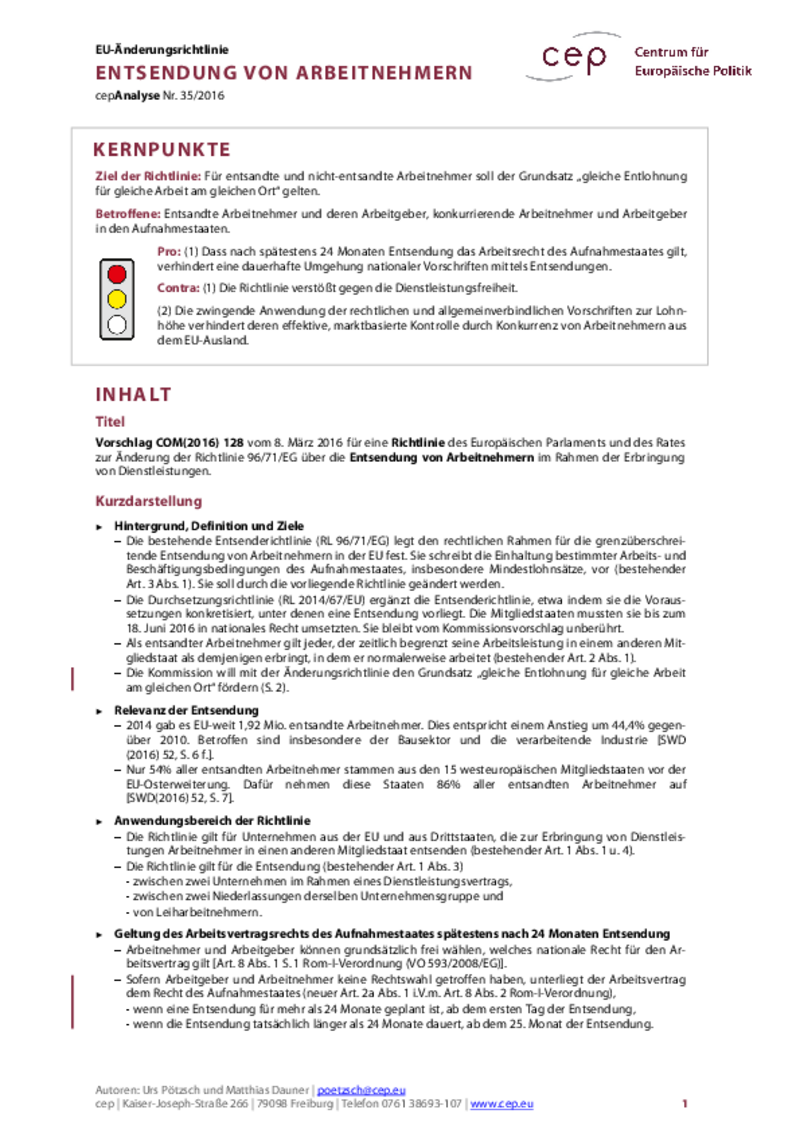 Entsendung von Arbeitnehmern COM(2016) 128