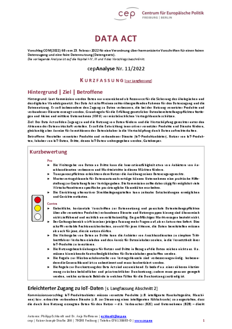 EU-Data Act (cepAnalyse zu COM(2022) 68) Kurzfassung