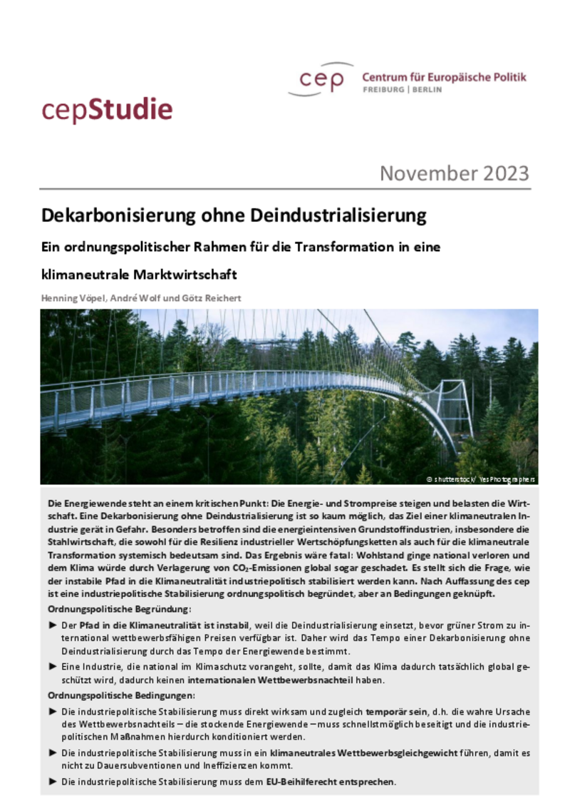 Dekarbonisierung ohne Deindustrialisierung (cepStudie)