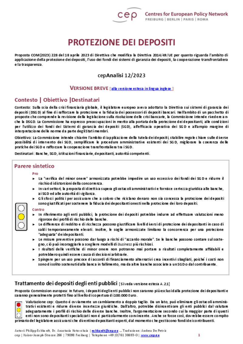 Protezione dei depositi (cepAnalisi del COM(2023)228 )