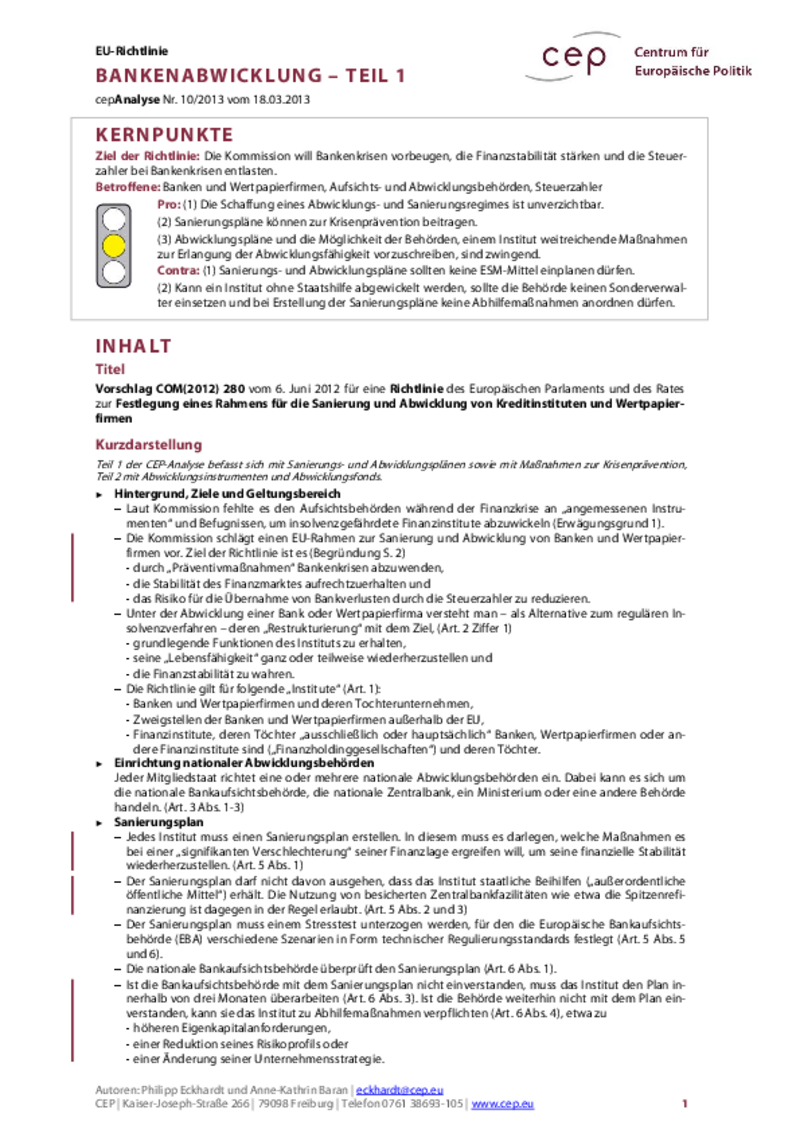 Bankenabwicklung Teil 1 COM(2012) 280