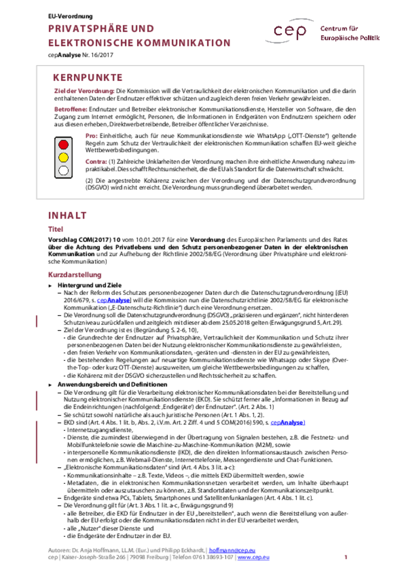 Privatsphäre und elektronische Kommunikation COM(2017) 10