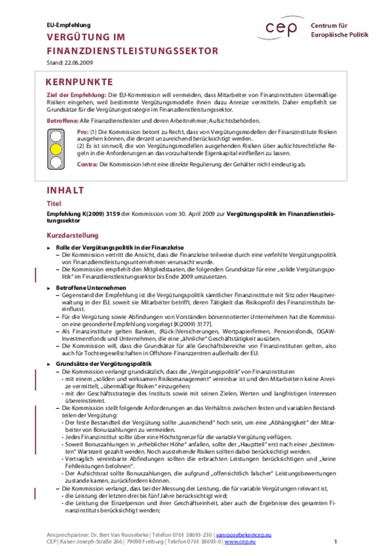 Vergütung im Finanzdienstleistungssektor K(2009) 3159