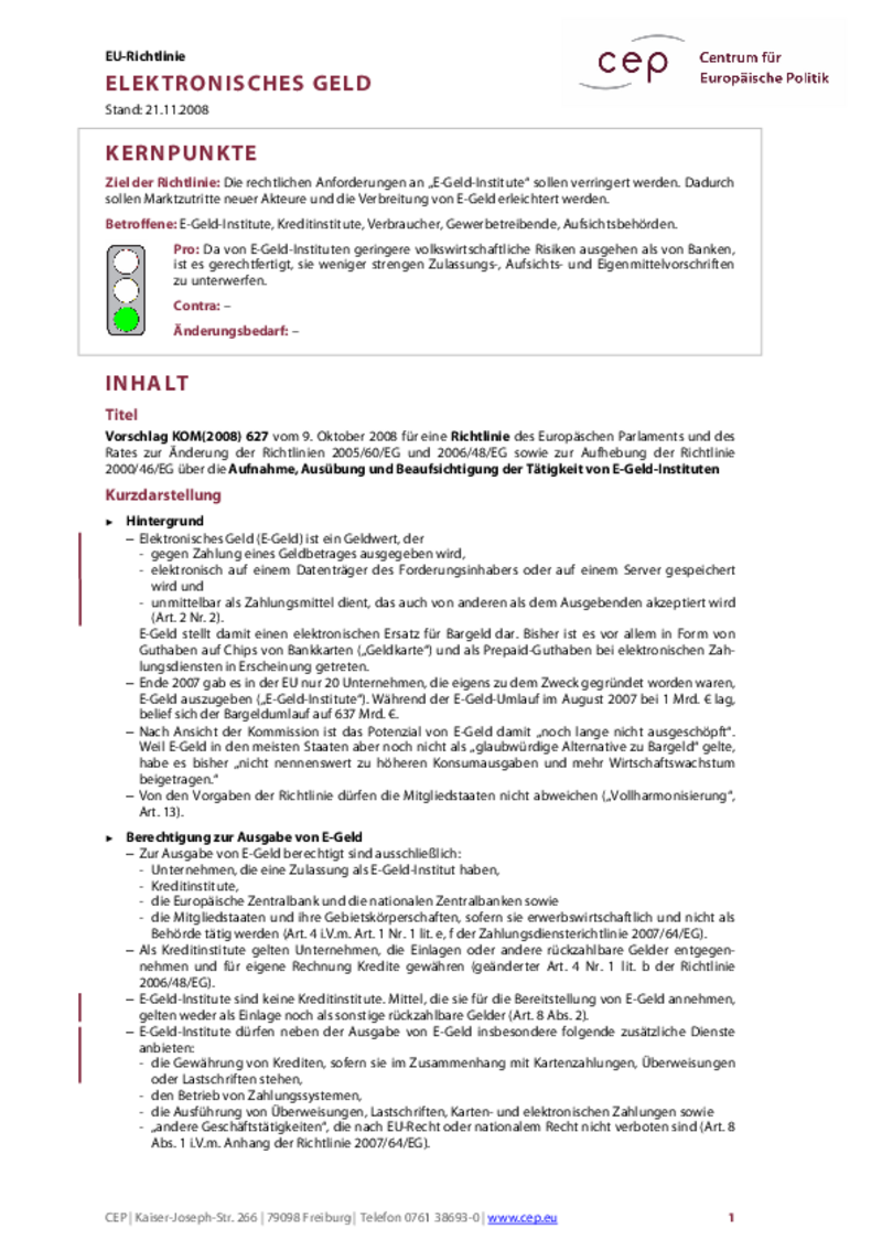 Elektronisches Geld KOM(2008) 627