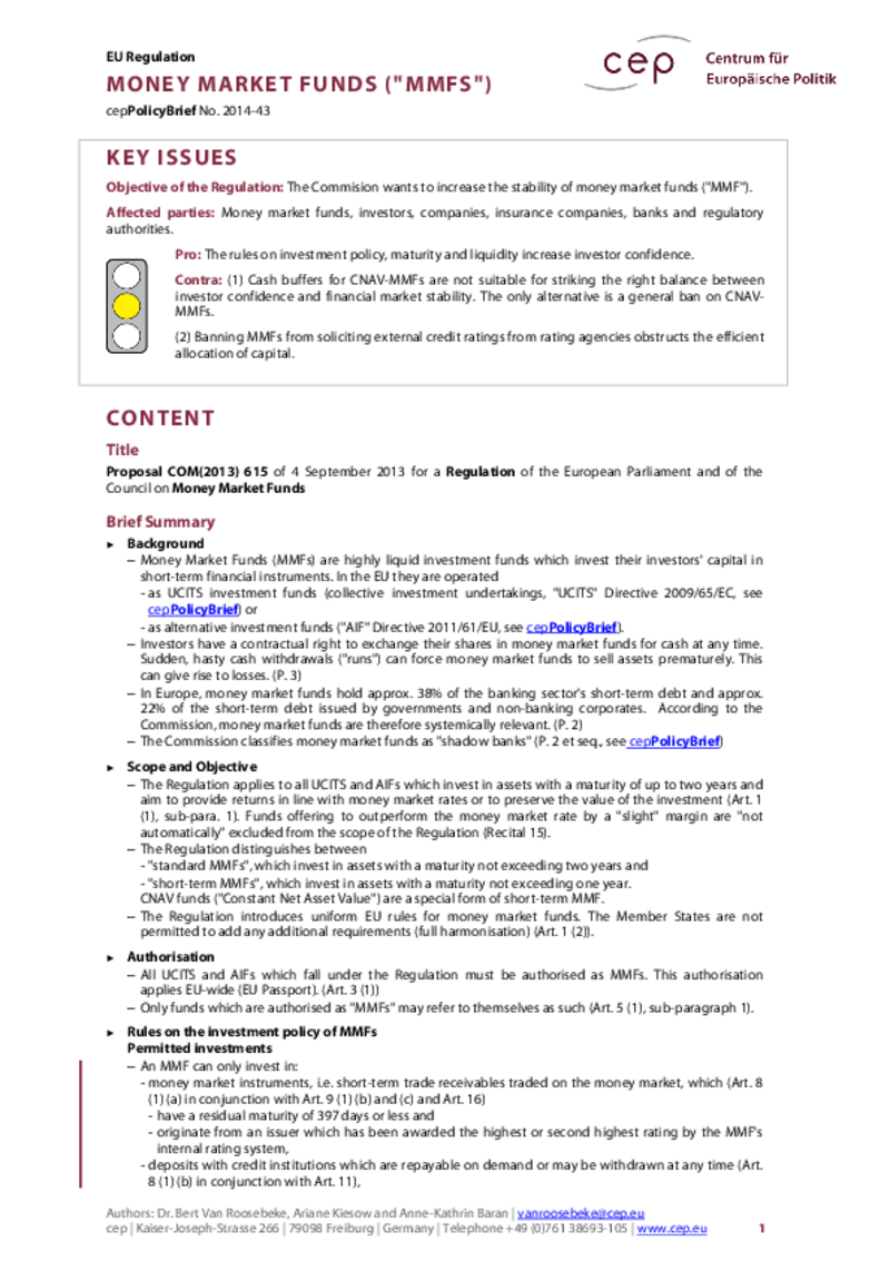 Money Market Funds („MMF “) COM(2013) 615