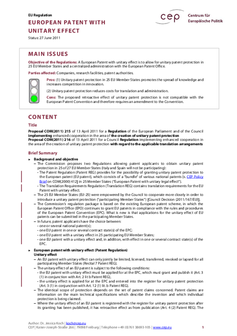 European Patent with Unitary Effect COM(2011) 215