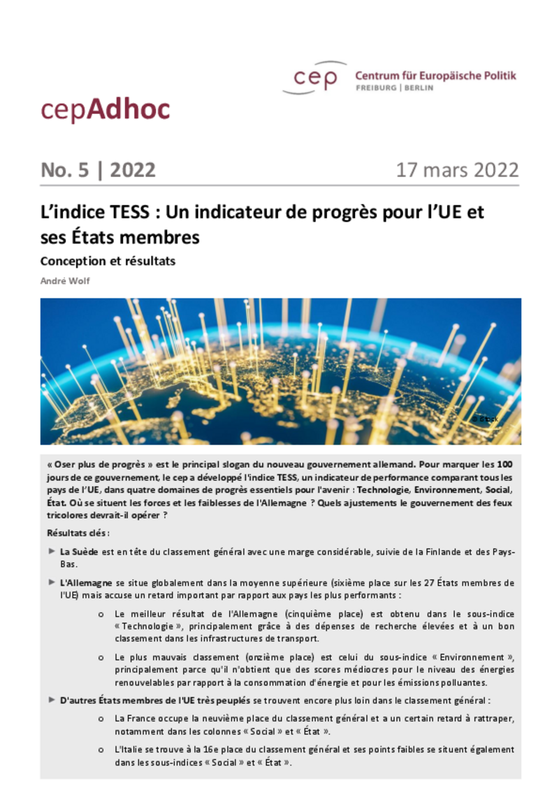 Indice de progrès du cep (TESS) : la France à la traîne par rapport au peloton de tête de l'UE