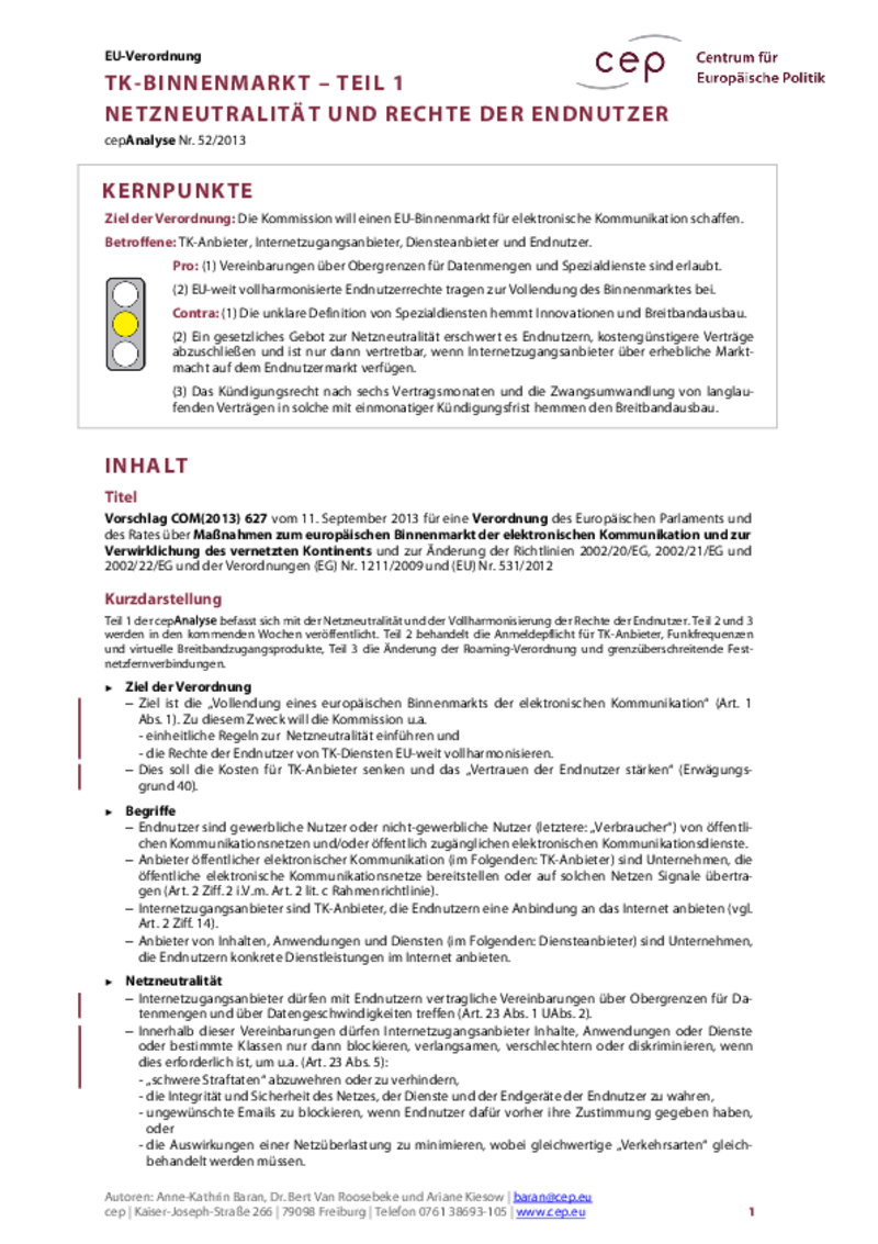 Binnenmarkt für Telekommunikation Teil 1 COM(2013) 627
