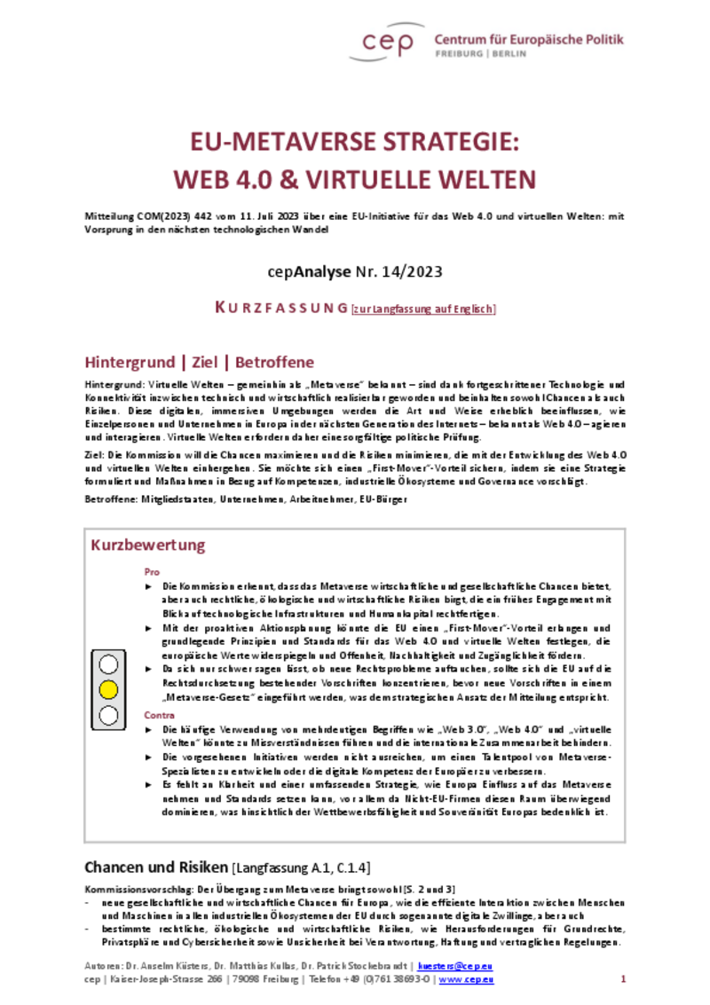 EU-Metaverse Strategie: WEB 4.0 & Virtuelle Welten (cepAnalyse) Kurzfassung Deutsch