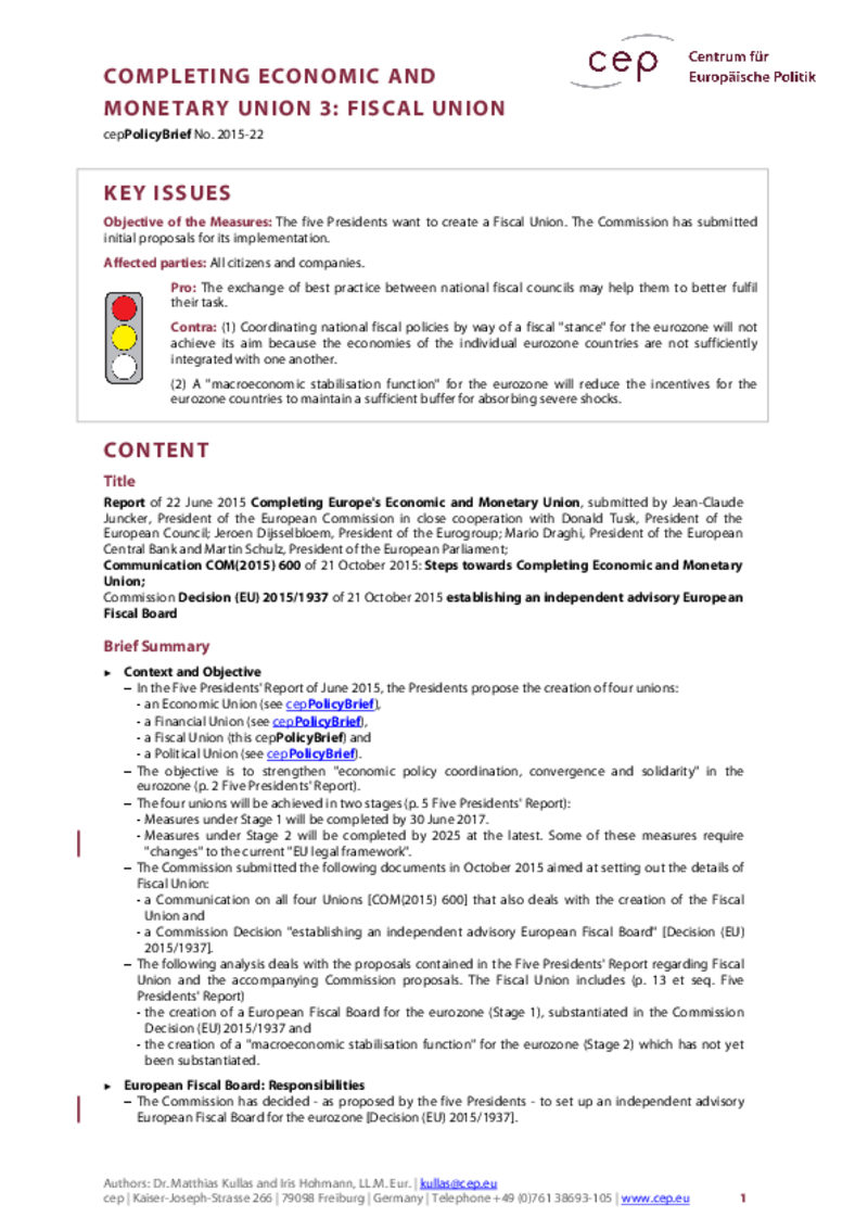 Completing Economic and Monetary Union 3: Fiscal Union