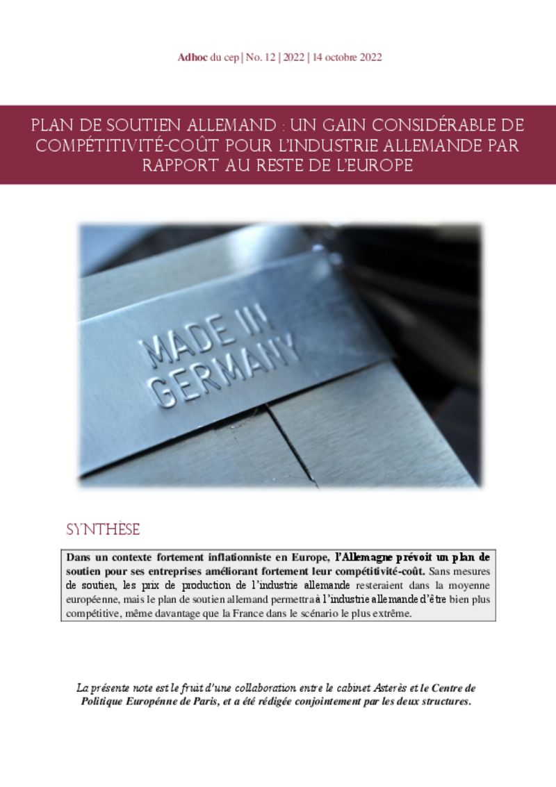 Plan de soutien à l’industrie allemande : Asterès et le cep Paris estiment que la mesure de frein du prix du gaz pour l’industrie pourrait considérablement réduire l’écart de compétitivité-coût entre l’industrie allemande et française.