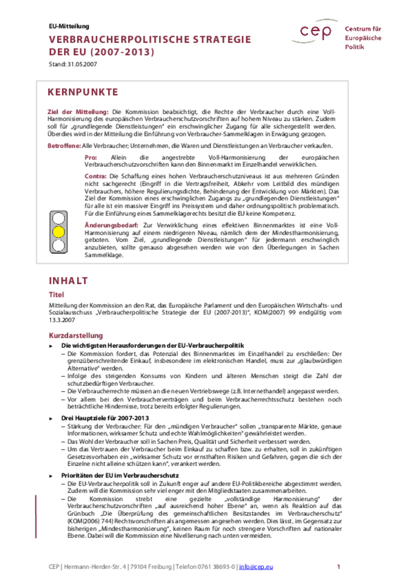 Verbraucherpolitische Strategie der EU (2007-2013) KOM(2007) 99