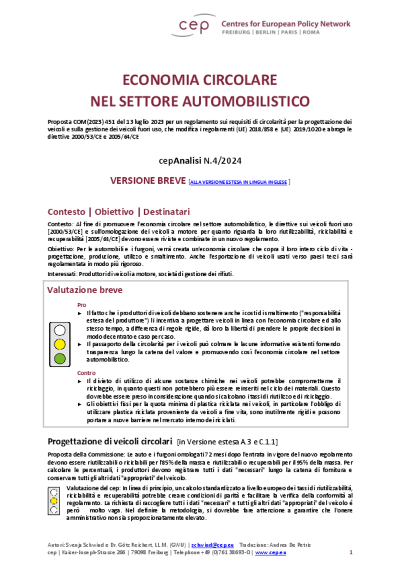 Economia circolare nel settore automobilistico (cepAnalisi del COM(2023) 451)