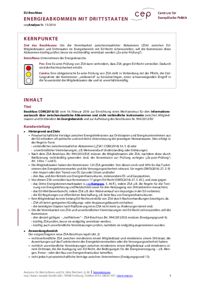 Energieabkommen mit Drittstaaten COM(2016) 53