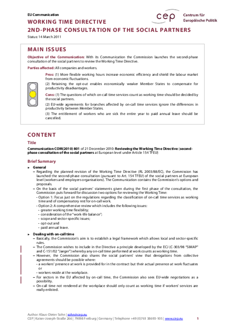 2nd-phase Consultation of the Social Partners COM(2010) 801