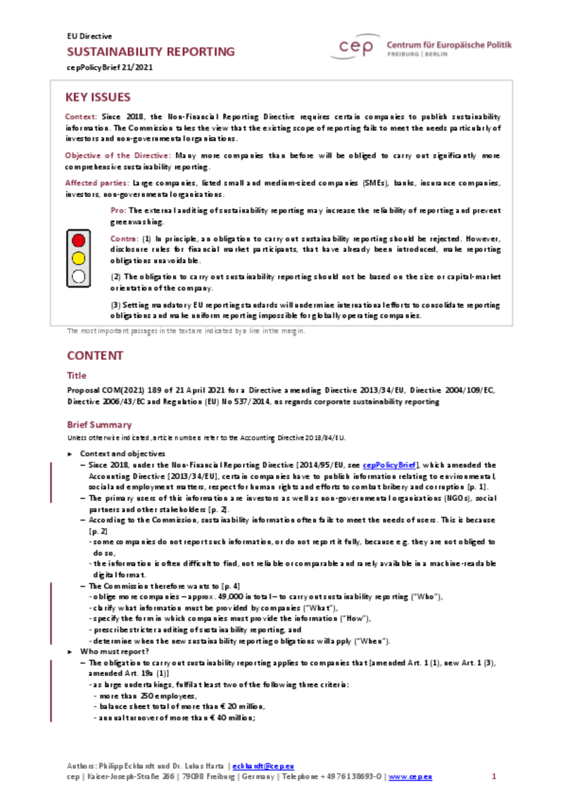 Sustainability Reporting (cepPolicyBrief COM2021 189)